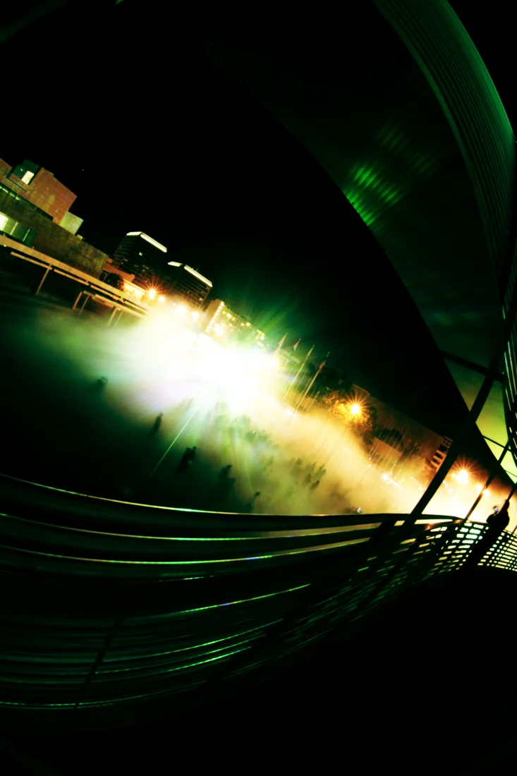San Jose City Hall rotunda at night during the 2006 Zero One festival.