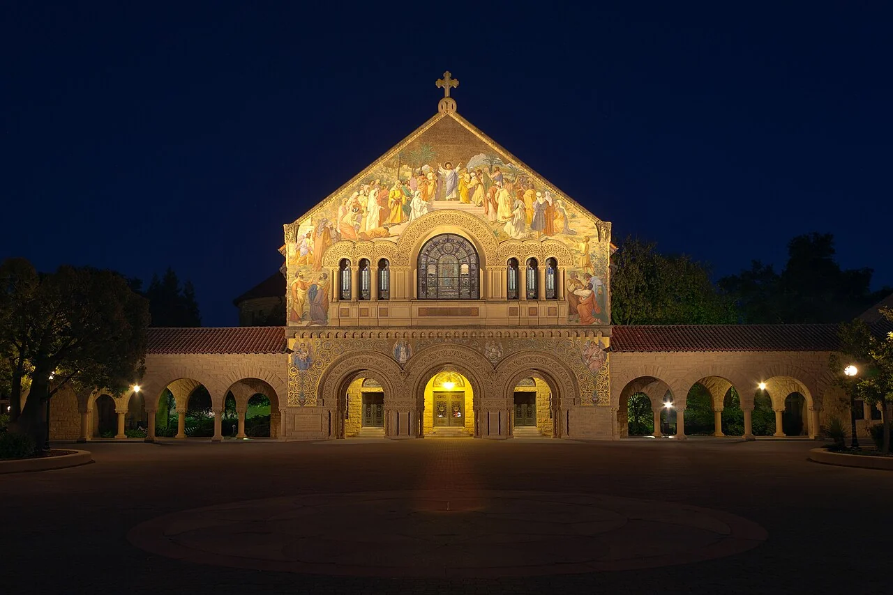 Stanford Memorial Church facade and mosaic under blue sky